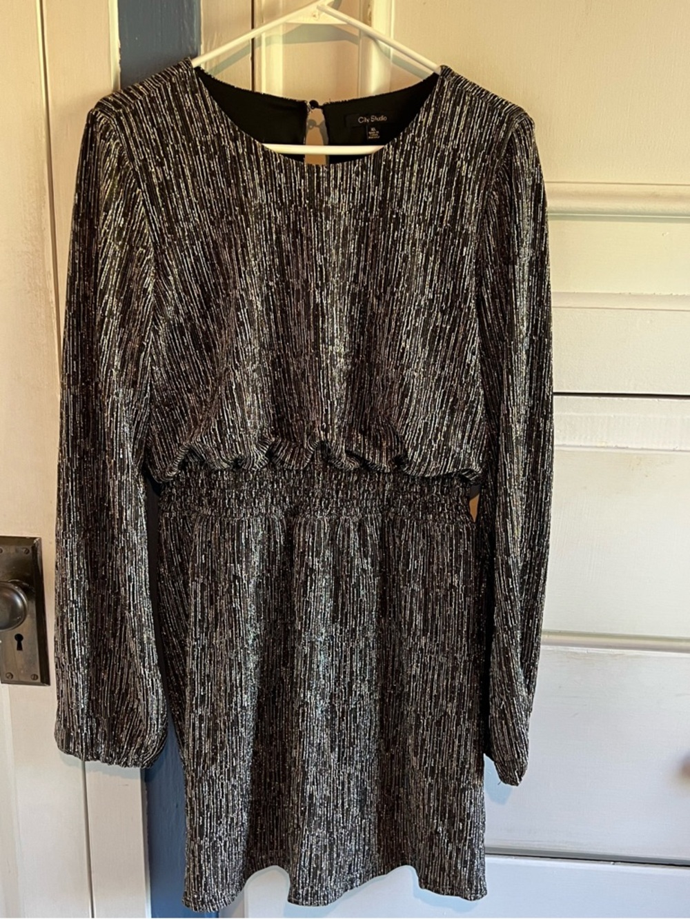 City Studio Black and Silver Metallic Long-Sleeve Mini Dress
